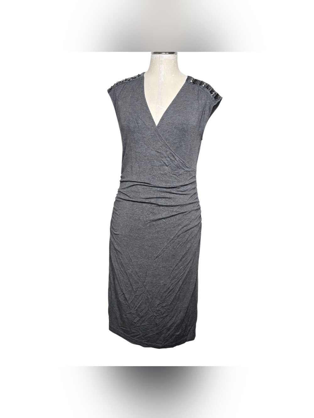 ICE Gray Faux Wrap Dress Size 8 Studded Shoulder Edgy Whimsigoth Y2K